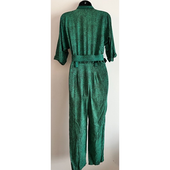 *VINTAGE 90s* Petite Jazz Belted Jumpsuit Green and Black Pattern Size 10 - Picture 2 of 3